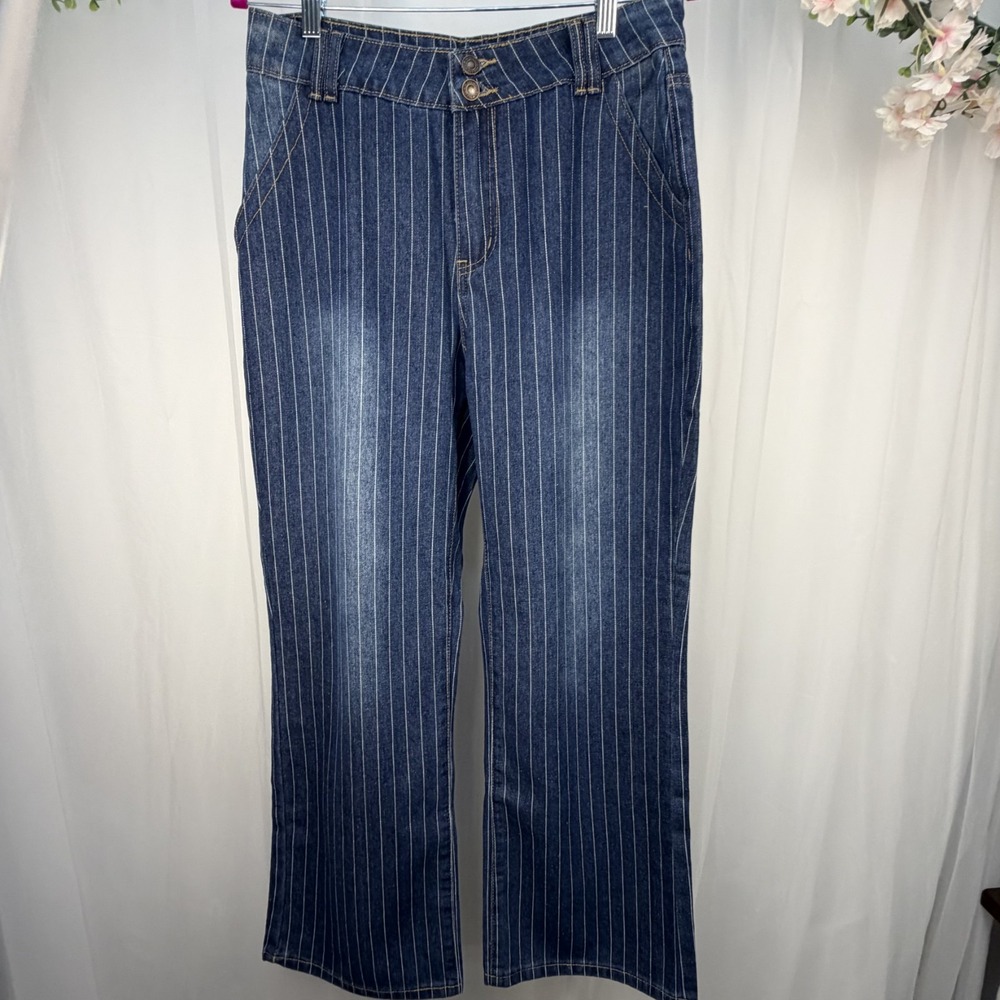 Justalwart Jeans Women's Size M Blue Double Button Pin Striped Denim Pants 30x27